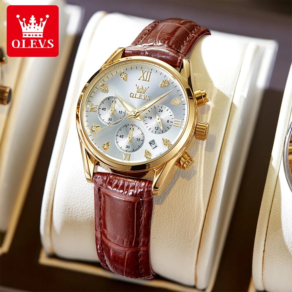 Luxury Watch With Leather Strap - OLEVS-Montre-bracelet à quartz étanche pour femme