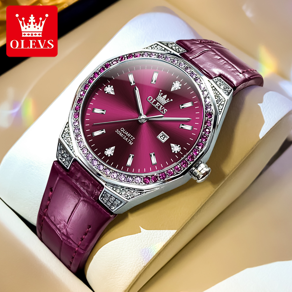 Luxury Watch With Leather Strap - OLEVS Original femmes montres diamant tour
